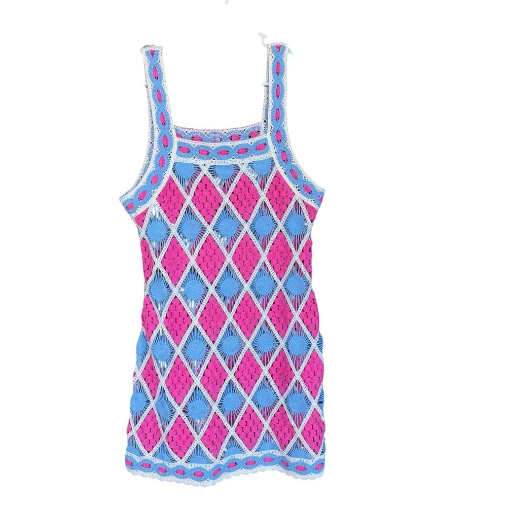 Decree Dress Juniors Medium Pink Bluebell Crochet Geometric Tank Beach Sundress